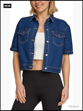 Women's Short-Sleeve Denim Jacket in Dark Blue
